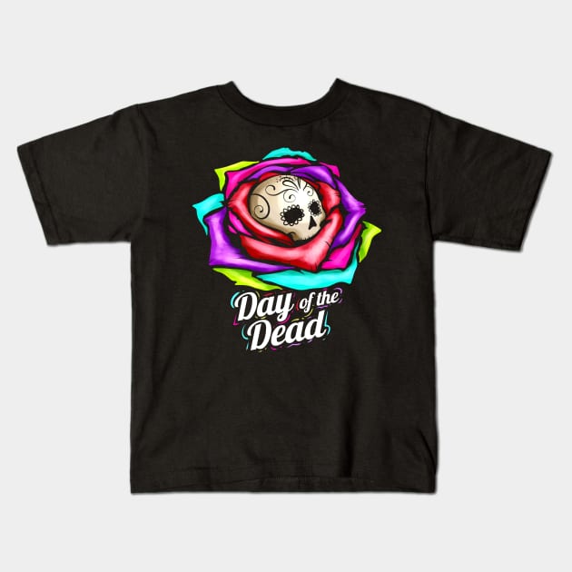 Dia De Los Muertos Sugar Skull In Rose Logo Day Of The Dead Kids T-Shirt by SinBle